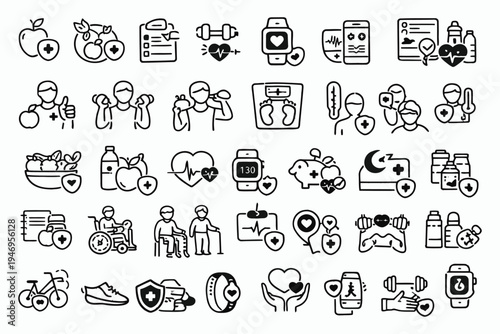 Comprehensive icons depicting various aspects of health, wellness, and elderly care