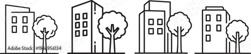 A simple line drawing of a cityscape with buildings and trees