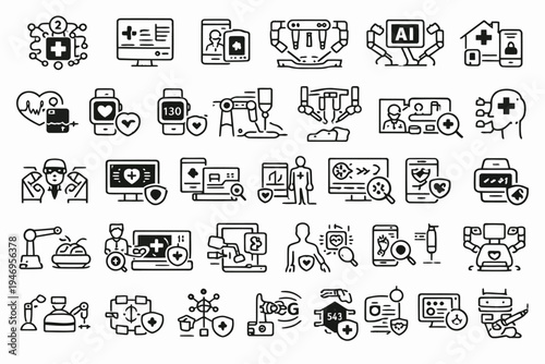Collection of diverse icons representing technology, healthcare, and industry sectors