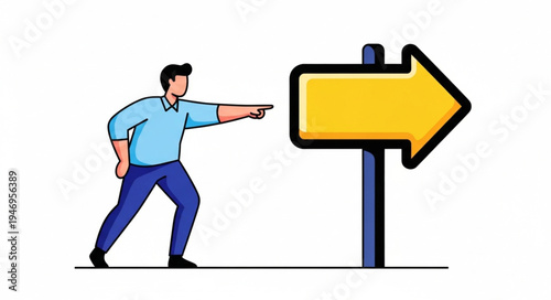 Man pointing at direction sign.