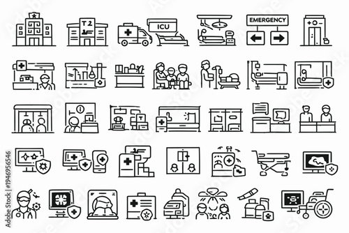 Comprehensive illustration of various healthcare and emergency services icons