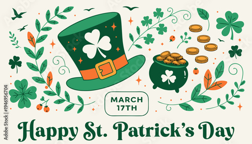 St. Patrick's Day Celebration Illustration: A festive illustration of traditional St. Patrick's Day elements, including a leprechaun hat, pot of gold, shamrocks, and decorative floral designs.