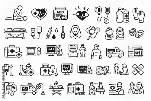 Comprehensive icons representing medical and healthcare services and equipment