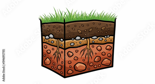A cartoon illustration showing a cross-section of various soil layers with green grass and roots