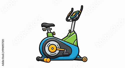 A vibrant cartoon-style illustration of an exercise bike in blue, green, and orange on a white background