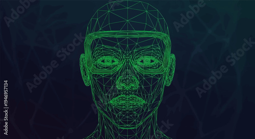 Green wireframe human face against a dark blue background with abstract, neural network-like patterns