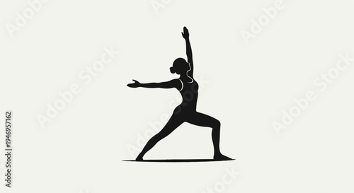 Black silhouette of a woman in a dynamic yoga warrior pose, symbolizing strength and balance on a plain background