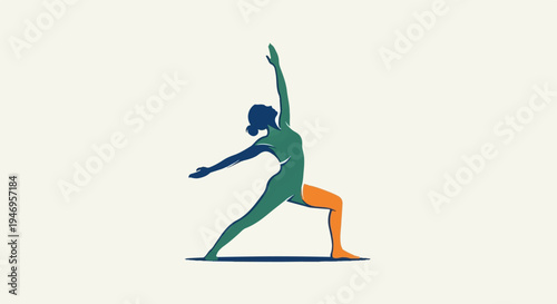 A minimalist illustration of a woman in a warrior yoga pose, rendered in blue, green, and orange