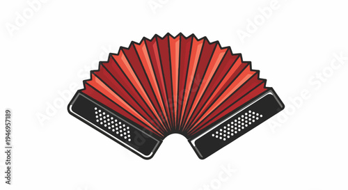 An illustration of a classic red accordion with dark gray ends and white buttons on a white background