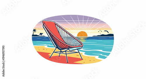 Retro beach scene with a red chair on sand, a radiant sunset over the ocean, islands, palm, kangaroo