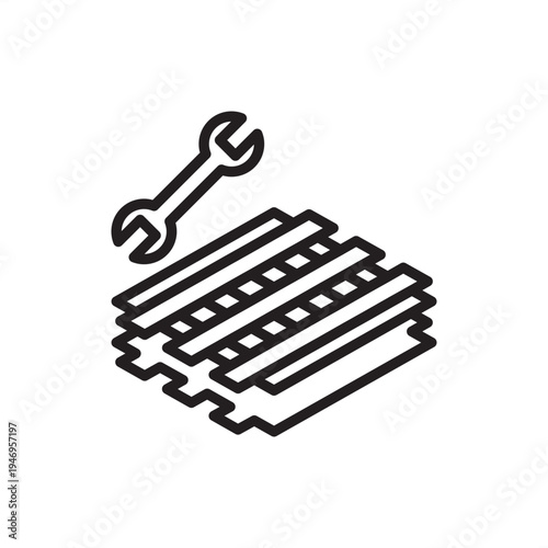 Pallet repair icon. Logistics maintenance tech, symbolizing sustainable shipping hardware, wooden pallet refurbishment tools, circular economy logistics, and warehouse facility engineering gear.