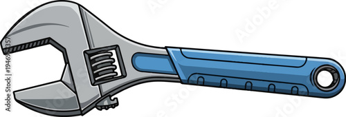 Cartoon style adjustable wrench with grey head and blue handle, simple illustration on white background