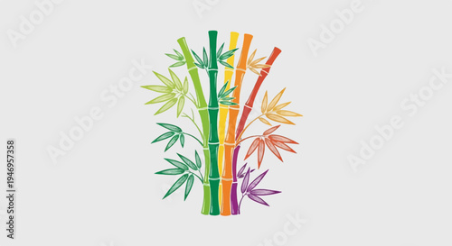 Vibrant illustration of bamboo stalks and leaves in a rainbow of colors on a light grey background