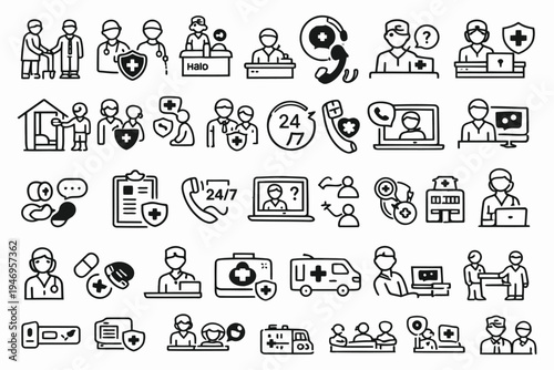 Comprehensive illustration of healthcare and emergency services icons