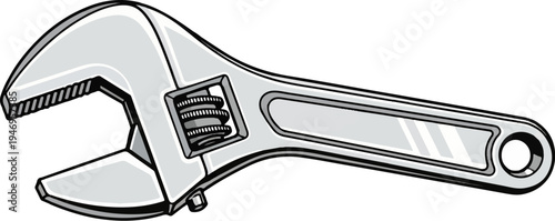 A classic adjustable wrench, rendered in a clean grey and white illustration style, isolated on white
