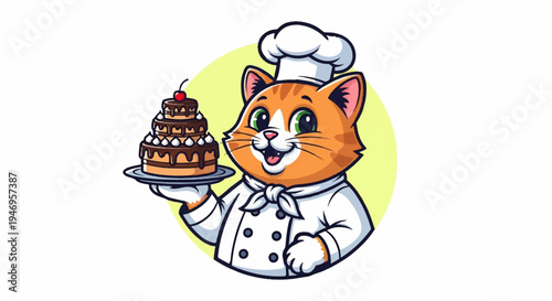 A cheerful cartoon ginger cat chef wearing a toque holds a three-tiered chocolate cake with a cherry on top