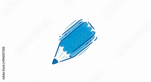 A stylized blue pencil icon with a hand-drawn, sketchy texture, appearing as if in motion