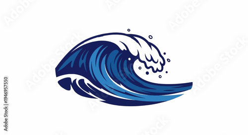 Stylized blue ocean wave graphic with white crest and splashing water on a plain white background