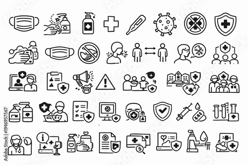 Comprehensive icons representing health, safety, and pandemic preparedness measures