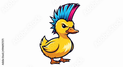 A vibrant cartoon duckling with a blue and pink punk mohawk, standing with an edgy, serious expression