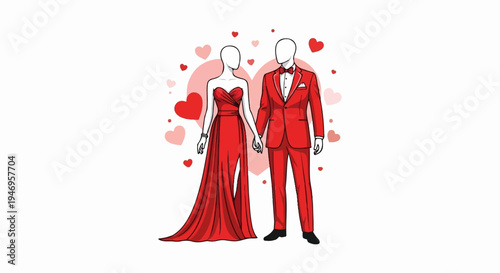 Stylized illustration of a couple in formal red attire, holding hands, surrounded by hearts