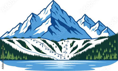Stylized winter mountain landscape with snow-covered peaks, ski slopes, chairlifts, evergreen trees, and a lake