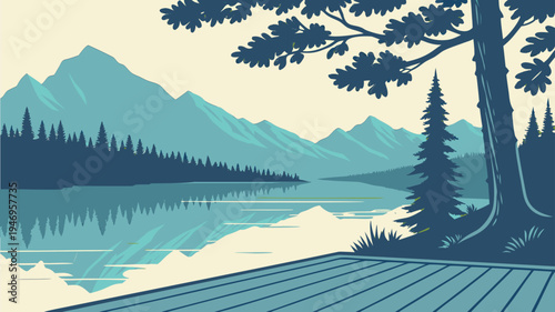 Vintage Style Mountain Lake Landscape with Pine Trees and Reflection Flat Vector Illustration