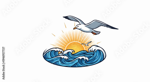 Cartoon illustration of two seagulls flying over a vibrant blue sea with crashing waves and a radiating sun