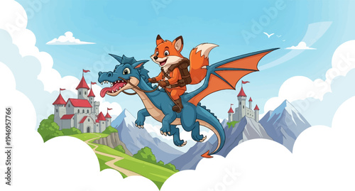 A cartoon fox adventurer with a backpack rides a blue dragon high above castles, mountains, and clouds