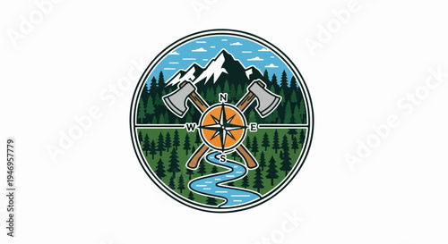 Outdoor adventure emblem snowy mountain, pine forest, flowing river, crossed axes, and a central compass rose