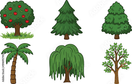 Set of different cartoon trees including apple pine palm and weeping willow isolated on white background for nature forest landscape design