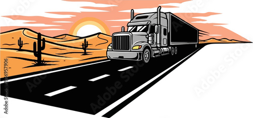 Stylized illustration of a gray semi-truck driving on a desert road with cacti under a sunset sky