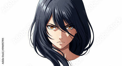 Close-up of an anime-style woman with dark hair, orange eyes, and a determined expression