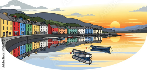 Colorful houses line a tranquil harbor at sunset, reflecting in the calm water with small boats anchored