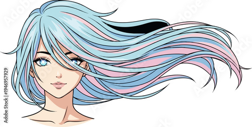 Anime girl with striking blue eyes and long, flowing pastel blue and pink hair against a clean white background