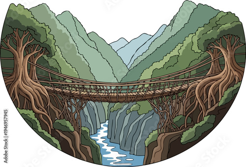 An intricate living root bridge crosses a river gorge, flanked by towering trees and lush green mountains