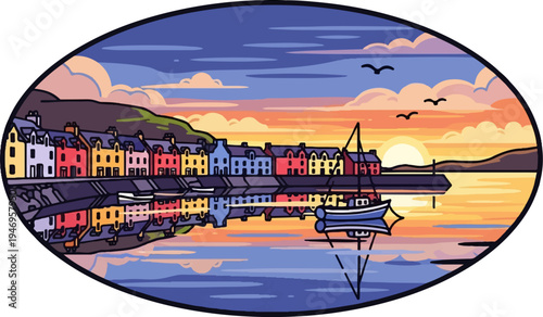 Colorful pixel art harbor town at sunset with reflections on the water and a boat. Scenic and vibrant