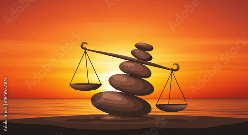 Stacked zen stones balancing a set of scales against a vibrant sunset over calm ocean waters