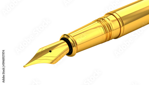 Close-up of a gleaming gold fountain pen, nib in sharp focus against a dark backdrop