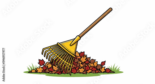 A cartoon illustration of a yellow rake leaning against a large pile of colorful autumn leaves on green grass