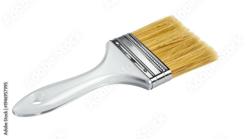 Close-up of a clean, unused paint brush with a white handle and natural bristles