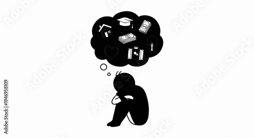 A silhouetted person sits contemplating life goals like a house, money, education, travel, love, and nature