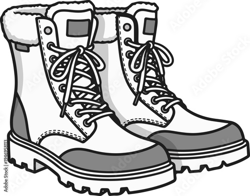 An illustration of a pair of sturdy, lace-up winter boots with thick soles, rendered in a grayscale palette