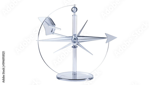 A metallic weather vane on a circular stand, arrow and directional points
