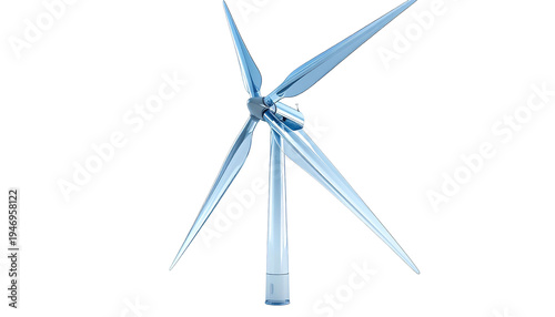 A stylized, transparent blue wind turbine against a solid black background