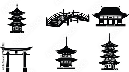 Japanese traditional architecture silhouettes set with pagoda torii gate bridge and temple buildings isolated on white background for travel oriental design