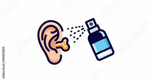 Illustration of an ear with earwax, being sprayed by a bottle for cleaning or treatment