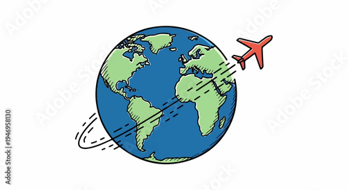Doodle style illustration of a red airplane flying around a blue and green earth globe on white