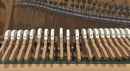 Close-up view of a piano's internal mechanics, revealing the intricate array of hammers and strings