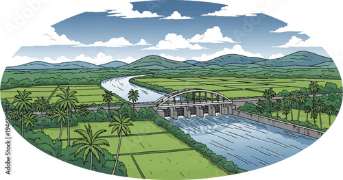 Illustrated landscape featuring a winding river, a bridge, a dam, lush green fields, palm trees, and mountains under a cloudy sky